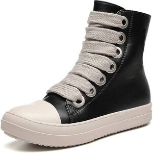 Vintage Women's US 7 Black Platform PU Leather Shoes Lace Up High Top Sneaker